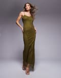 [ASOS DESIGN] ASOS DESIGN fishnet hotfix asymmetric cowl maxi dress in olive green-Grey 14 Olive Green