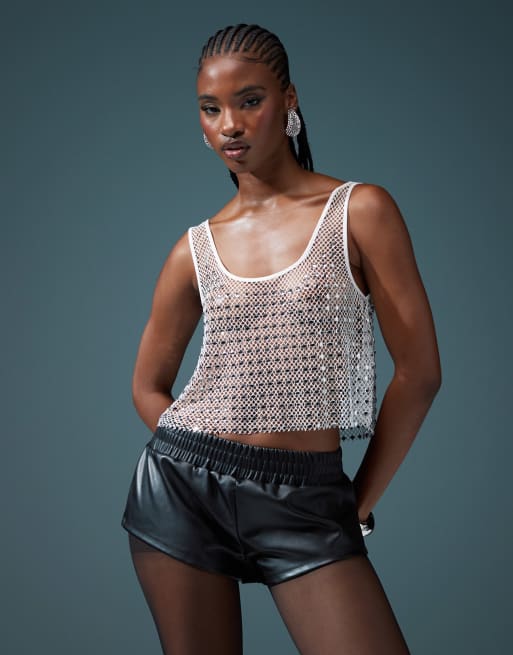 ASOS DESIGN fishnet hotfix detail tank top in white, 4 of 4