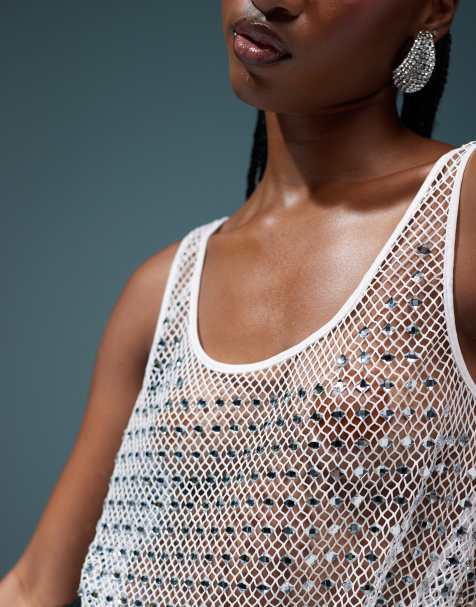 ASOS DESIGN fishnet hotfix detail vest top in white - view 1