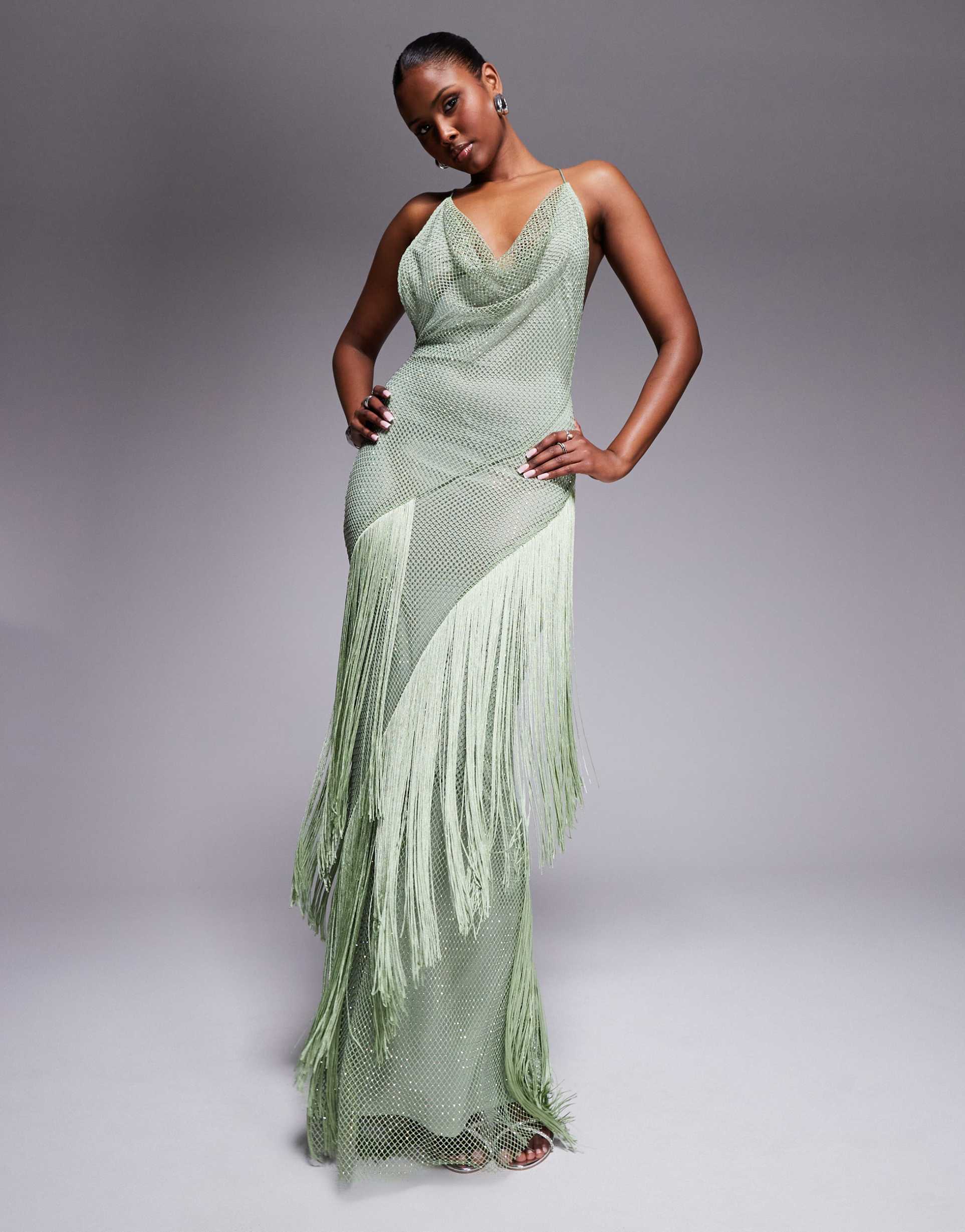 asos design fishnet hotfix embellished cowl maxi dress with fringing in pistachio