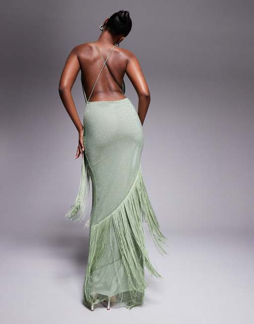 ASOS DESIGN fishnet hotfix embellished cowl maxi dress with fringing in pistachio, 3 of 4
