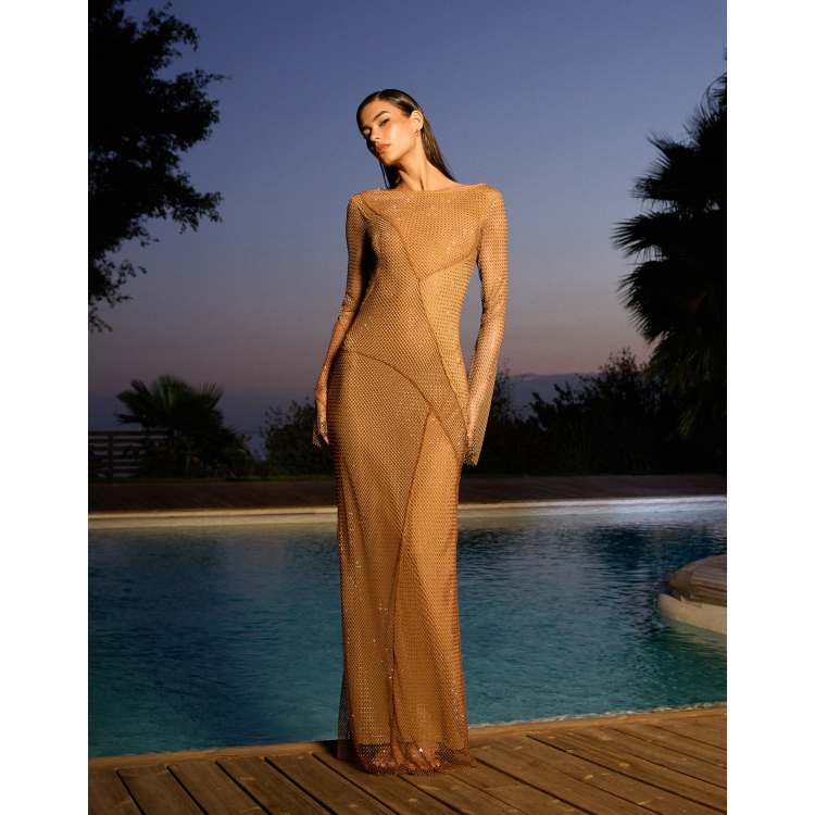 open lace back dress Shop La Femme 32319 V-Neck Neckline Criss Cross Back Ruched Hot Stone/ Fishnet/Jersey Fitted Evening Dress  B Chic Fashions