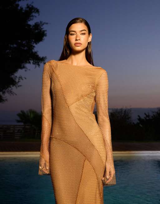 ASOS DESIGN fishnet hotfix long sleeve maxi dress with spliced embellished pattern in bronze