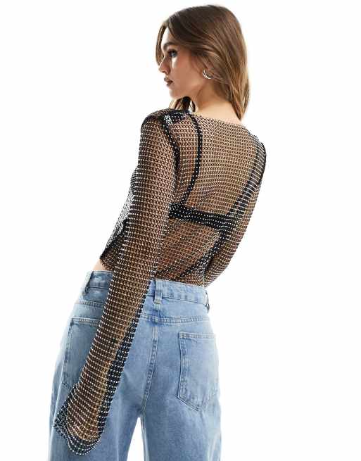ASOS DESIGN fishnet hotfix long sleeve top in black, 4 of 4