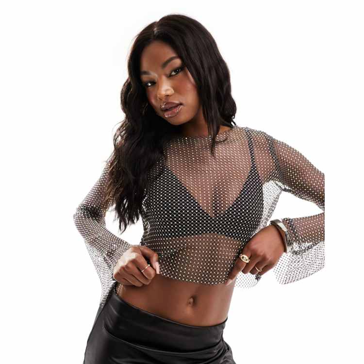 Fishnet mesh long sleeve hot sale top