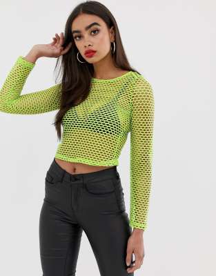 neon green fishnet crop top