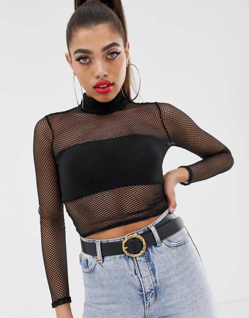 High neck cheap fishnet top