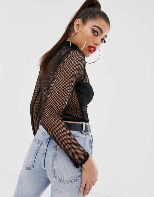 ASOS DESIGN fishnet mesh top with high neck