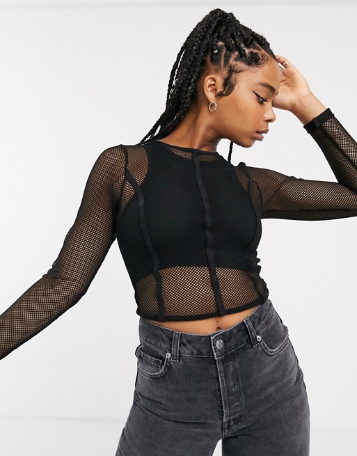 ASOS DESIGN fishnet top with seam detail and racer bralet in black