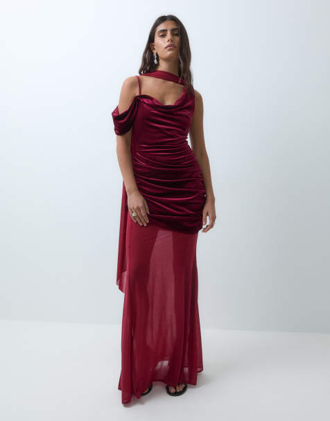 ASOS DESIGN fishtail floor length velvet mix dress with shoulder scarf in burgundy - view 1