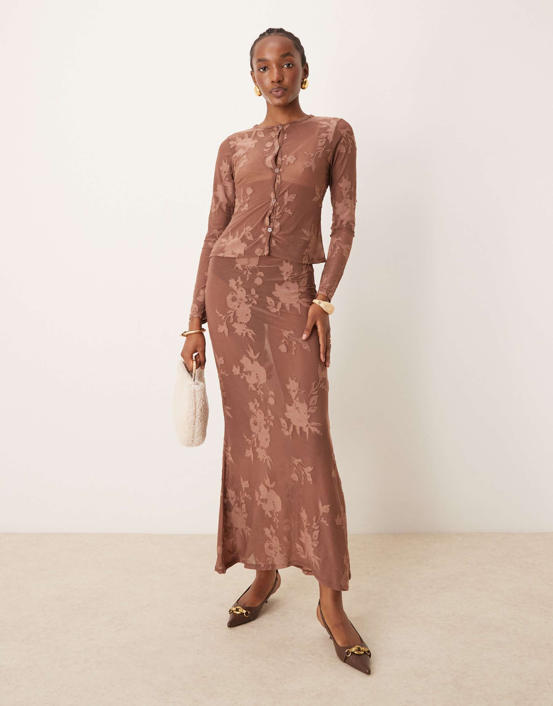 asos design fishtail maxi skirt in brown burnout