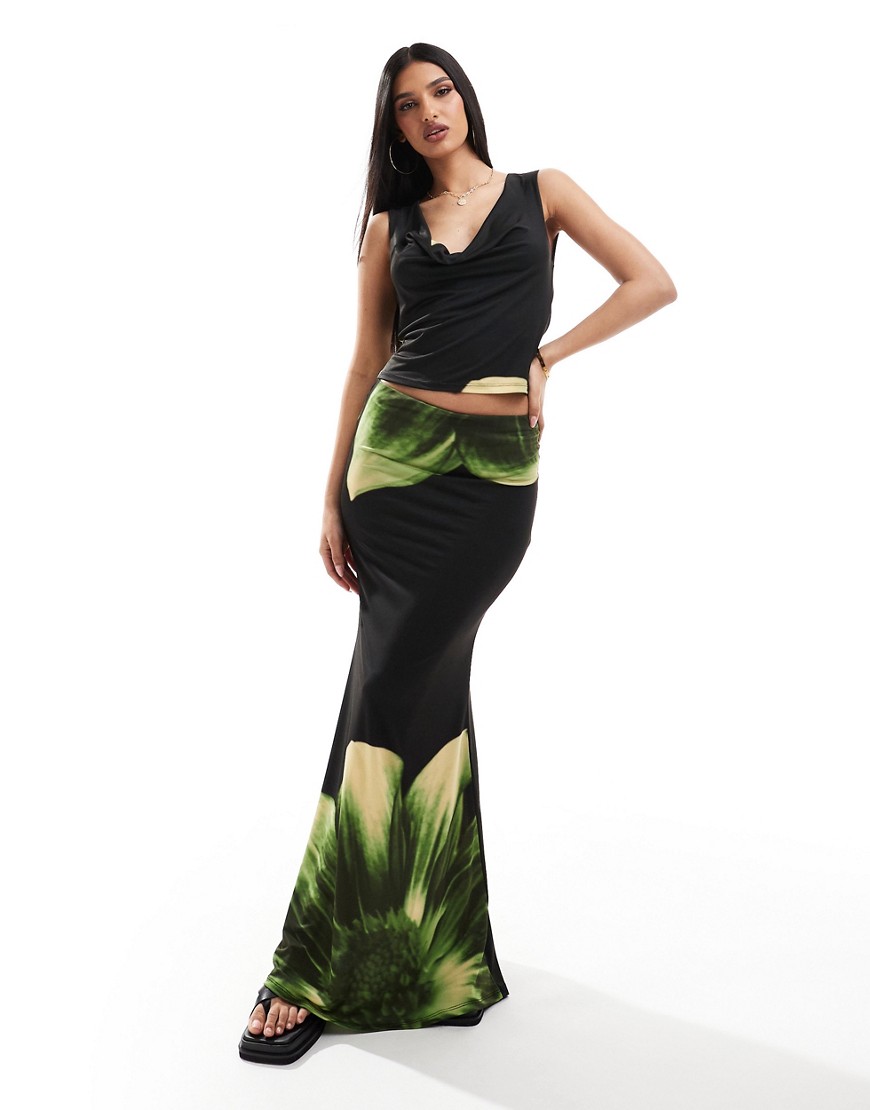 Asos Design Fishtail Maxi Skirt In Large Scale Floral - Part Of A Set-multi
