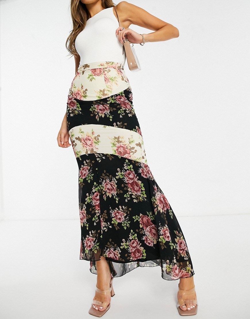 ASOS DESIGN fishtail maxi skirt in spliced floral print-Multi