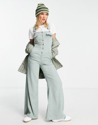 ASOS DESIGN fit and flare button front cord dungaree in sage