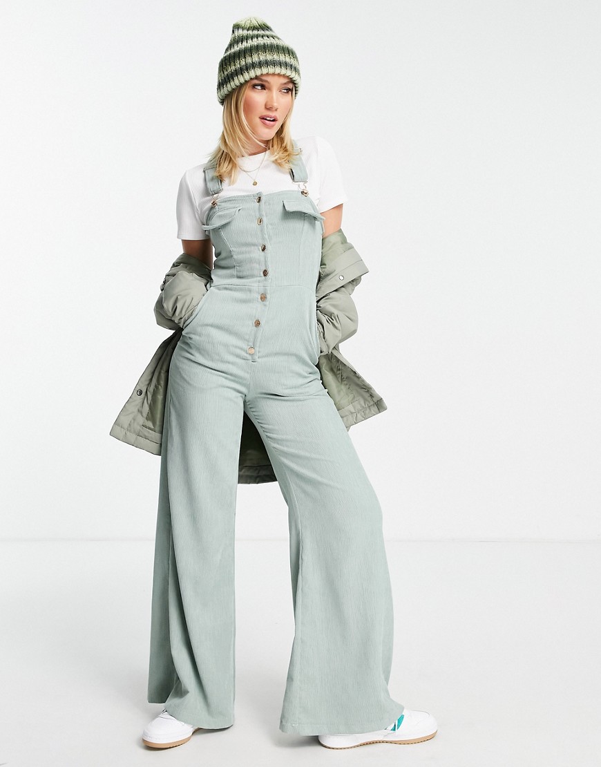 ASOS DESIGN fit and flare button front corduroy overalls in sage-Pink