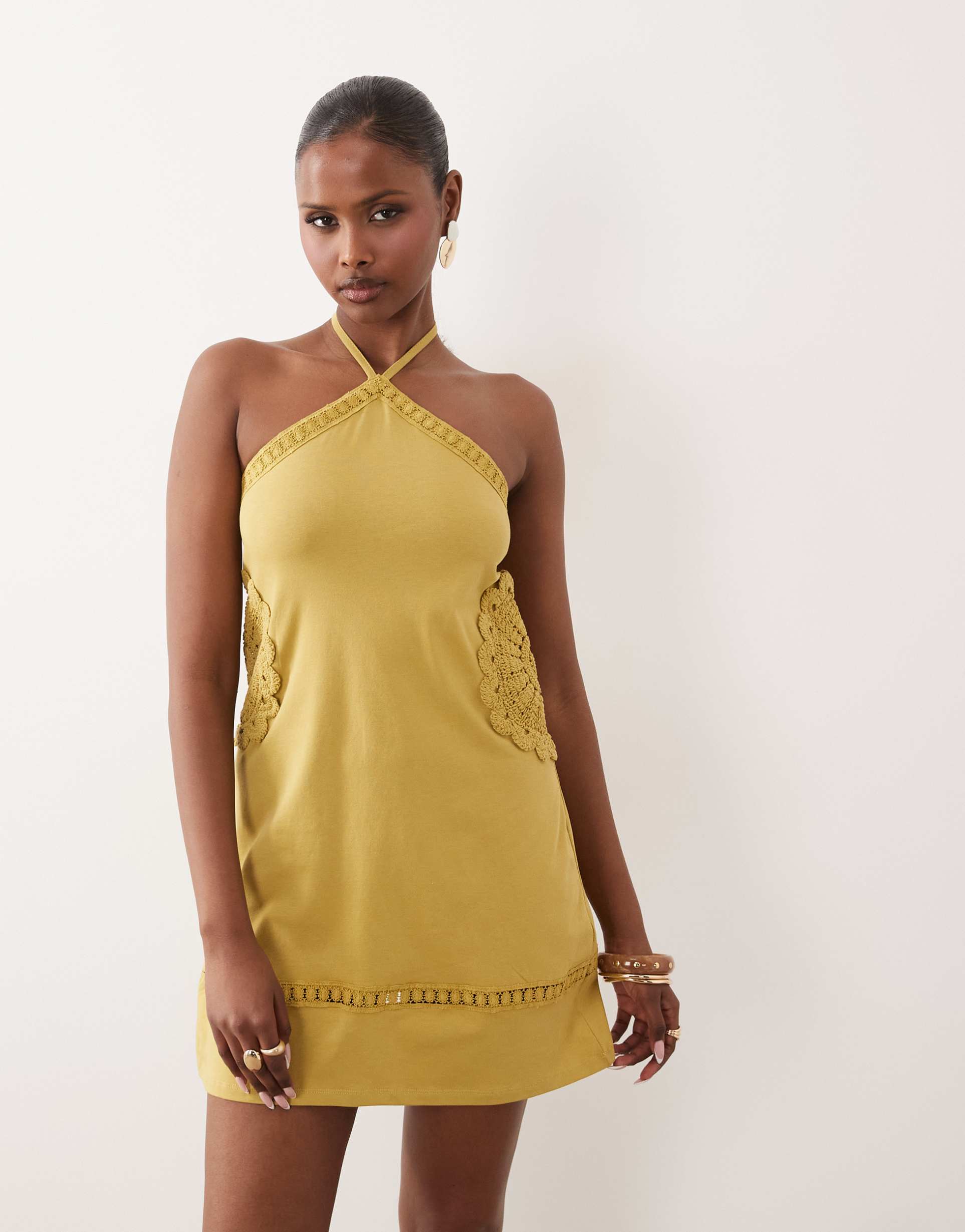 asos design fit and flare crochet patch halter mini dress in khaki