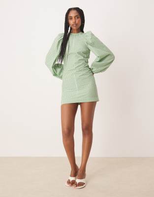 ASOS DESIGN fit and flare mini dress with tie back detail in green gingham
