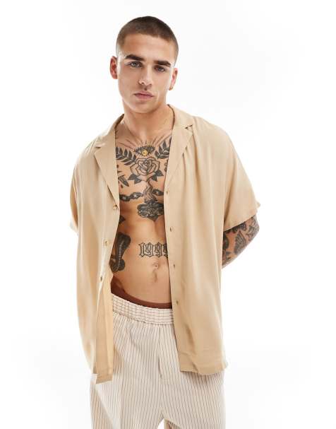 ASOS DESIGN fit viscose shirt with low revere collar in camel - view 1
