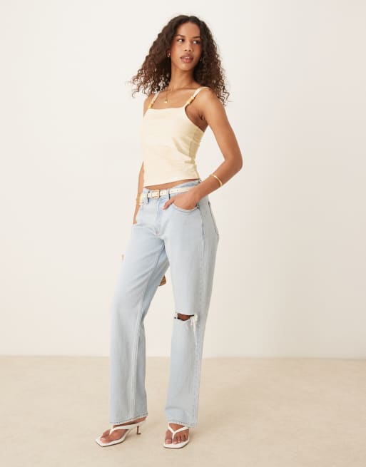 ASOS DESIGN fitted beaded strap detail cotton top in ivory, 2 of 4