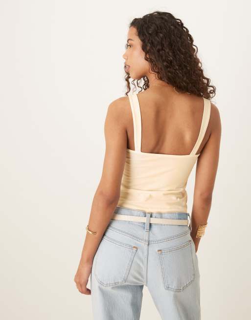 ASOS DESIGN fitted beaded strap detail cotton top in ivory, 3 of 4