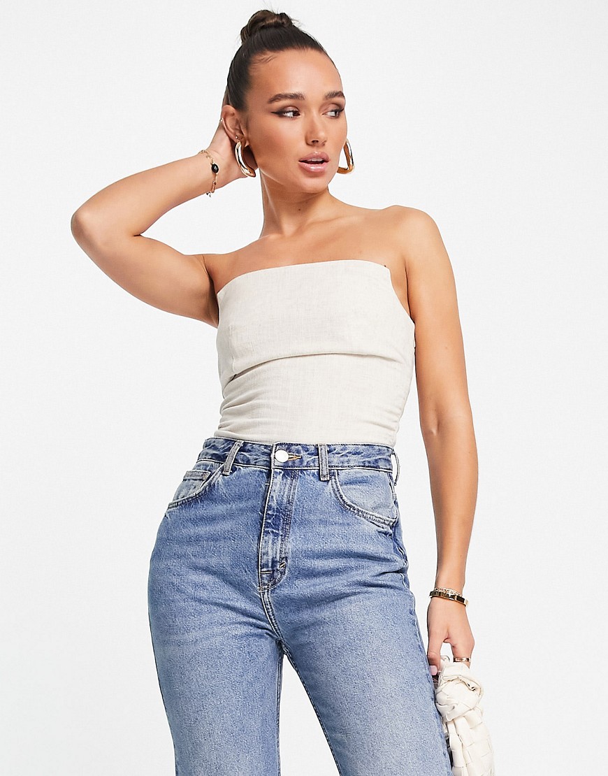 ASOS DESIGN fitted bodysuit with ruched side in natural stone-Neutral