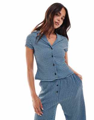 Asos Design Fitted Camp Collar Shirt In Blue And Black Gingham - Part Of A Set-multi