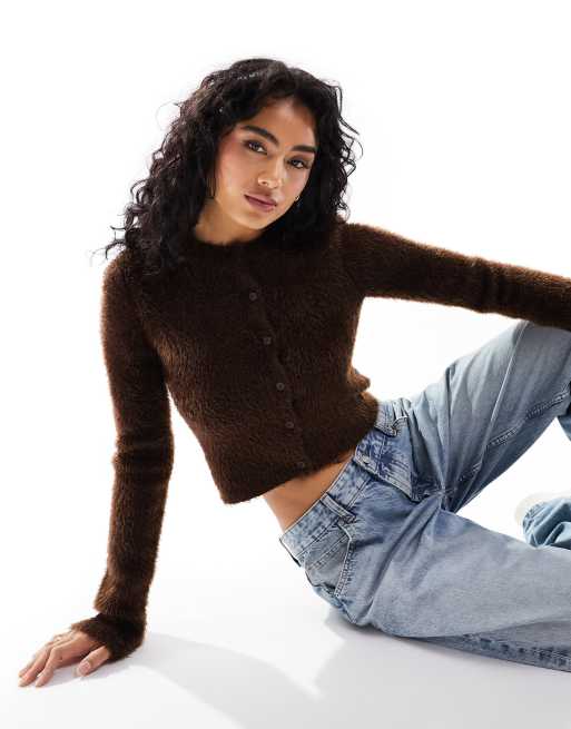 ASOS DESIGN fitted cardigan in fluffy yarn in brown