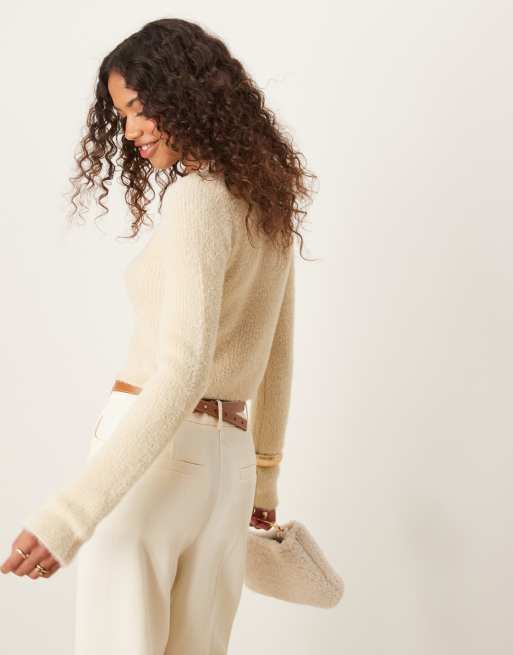 ASOS DESIGN fitted cardigan in fluffy yarn in cream