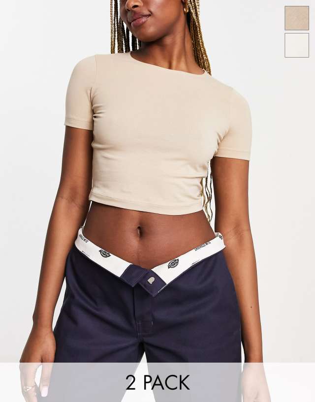 ASOS DESIGN fitted crop t-shirt 2 pack in ecru & neutral