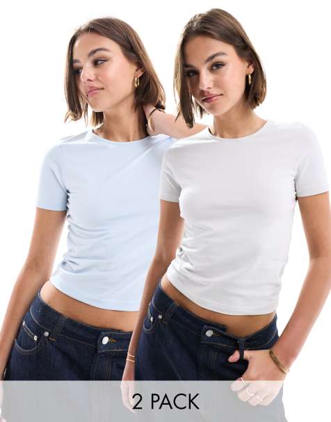 ASOS DESIGN fitted crop t-shirt in 2 pack in grey and blue - view 1