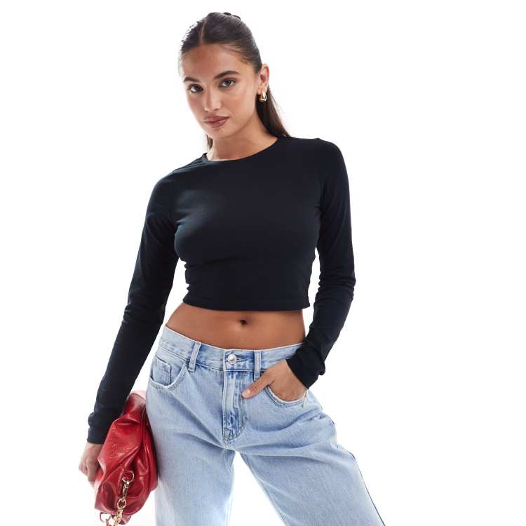 Women's Black Double Layer Long Sleeve Fitted Crop Top