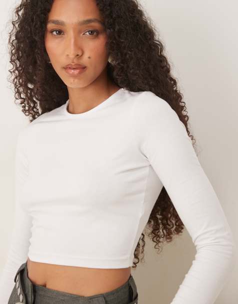 ASOS DESIGN fitted crop t-shirt with long sleeve in white