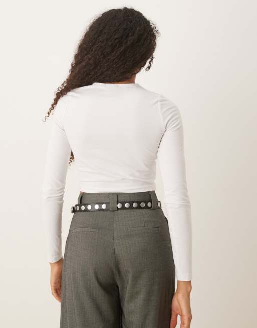 ASOS DESIGN long sleeve fitted crop top with ruched sides in white