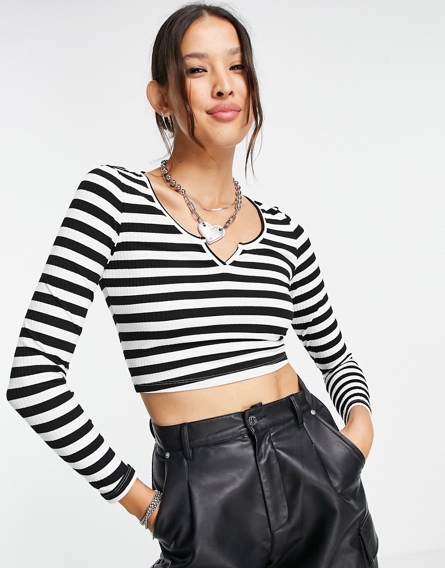 ASOS DESIGN fitted crop top with notch neck and long sleeve in black and white stripe-Multi