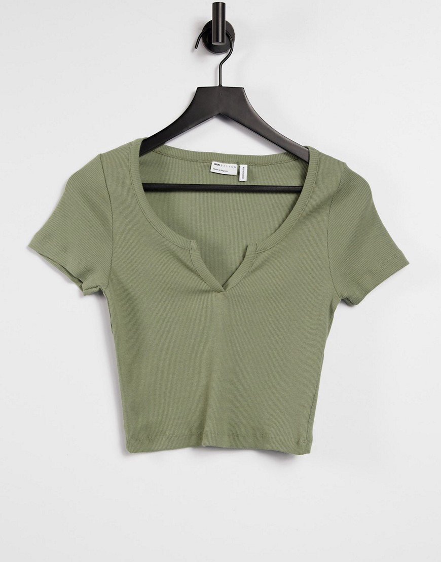 ASOS DESIGN fitted crop top with notch neck in khaki-Green