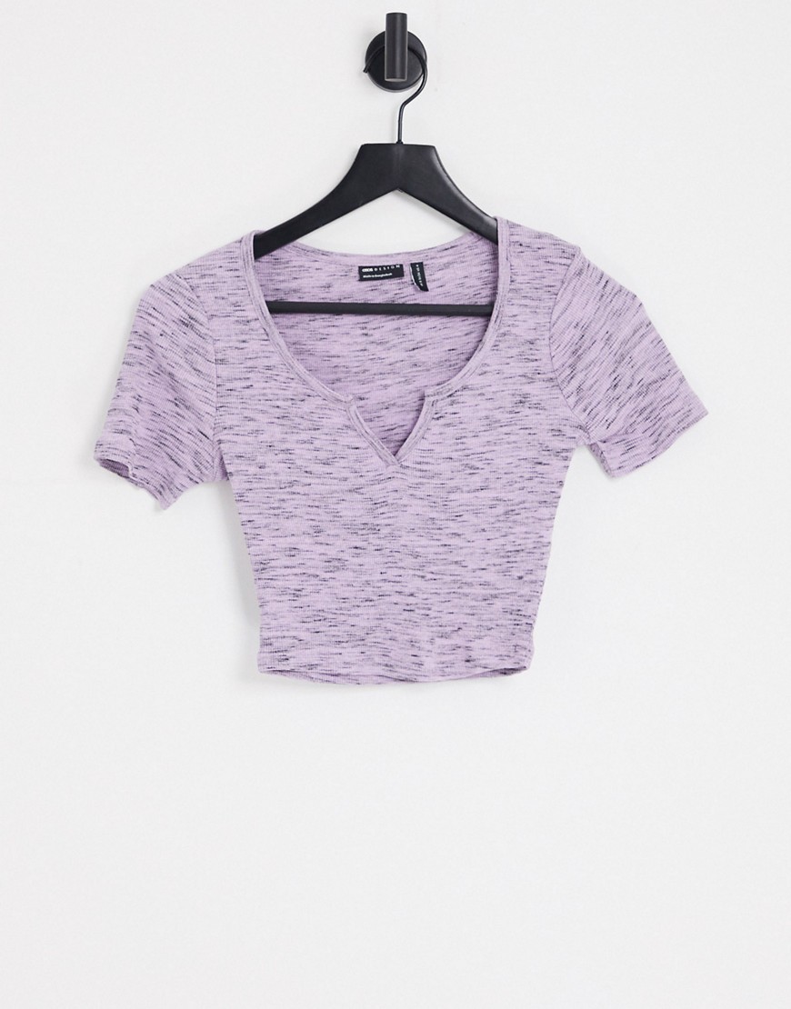 ASOS DESIGN fitted crop top with notch neck in lilac & black heather rib-Multi