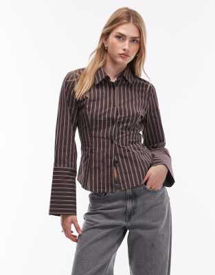 Asos Design Fitted Deep Cuff Shirt In Brown