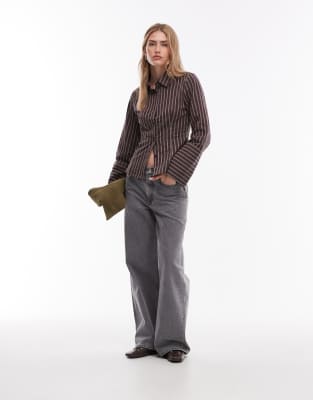 Asos Design Fitted Deep Cuff Shirt In Brown