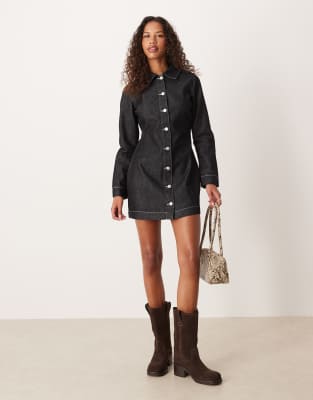 Asos Design Fitted Denim Shirt Dress In Black
