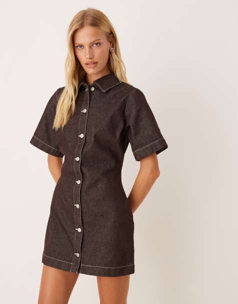 ASOS DESIGN fitted denim shirt dress in dark chocolate - view 1