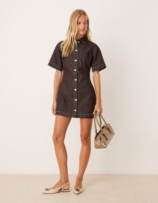 Asos Design Fitted Denim Shirt Dress In Brown