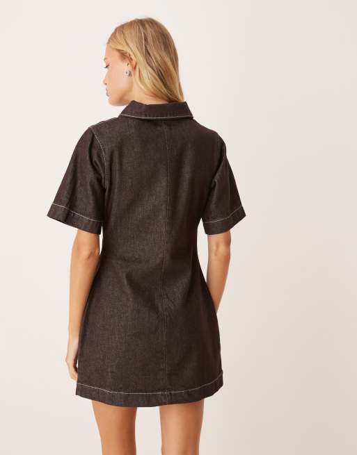 ASOS DESIGN fitted denim shirt dress in dark chocolate, 3 of 4