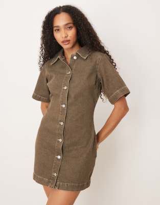 Asos Design Fitted Denim Shirt Dress In Green