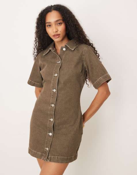 ASOS DESIGN fitted denim shirt dress in olive green - view 1