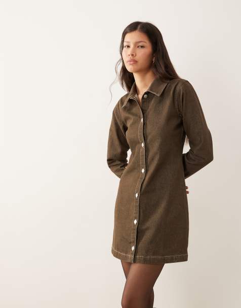 ASOS DESIGN fitted denim shirt dress with long sleeves in khaki green - view 1