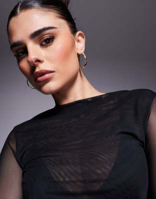 Asos Design Fitted High Neck Double Layer Mesh Long Sleeve Top In Black