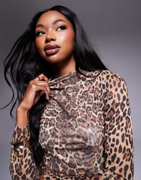 ASOS DESIGN fitted high neck double layer mesh long sleeve top in leopard print - view 1