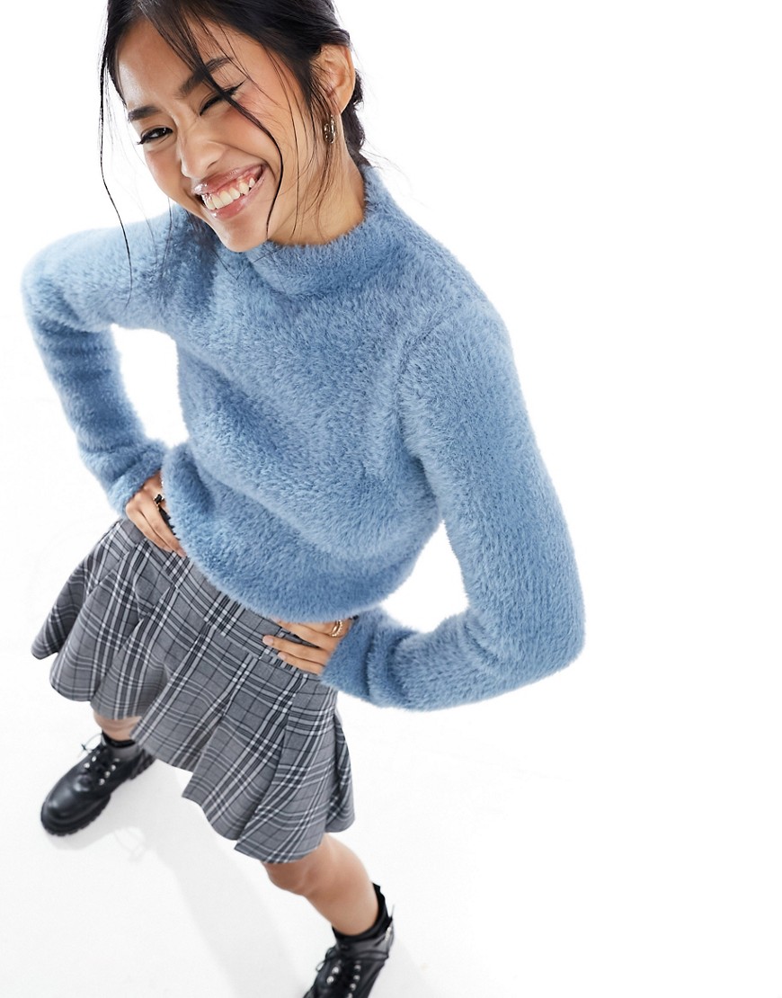ASOS DESIGN fitted jumper with grown on neck in fluffy yarn in blue