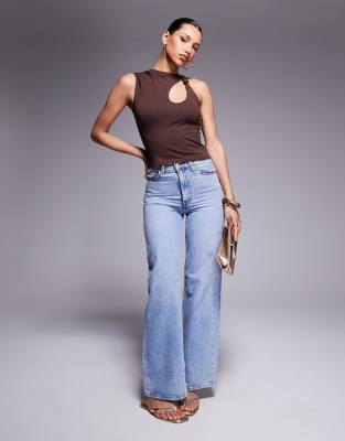 Asos Design Fitted Keyhole Top With Bead Detail In Brown