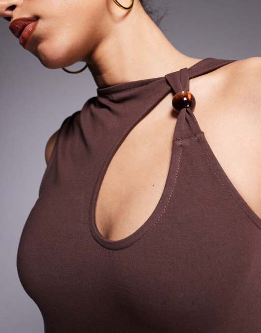 ASOS DESIGN fitted keyhole top with bead detail in chocolate, 3 of 4